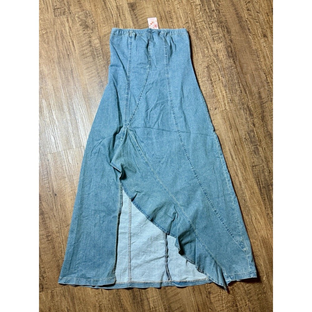 MOD Strapless Blue Denim Maxi Dress XL Jean Asymmetrical High Low Zip Back NWT